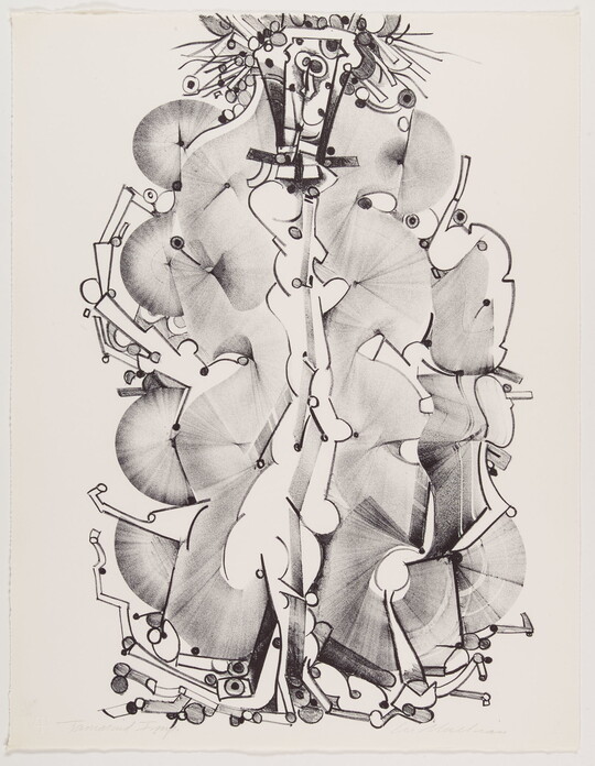 An abstract black-and-white print of fan-like forms and organic lines and shapes arranged in a vertical tower-like structure.