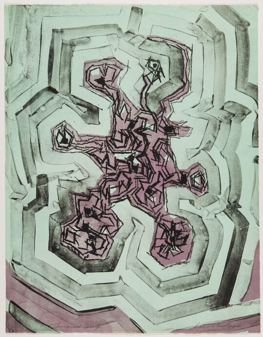 An abstract color print with angular light green patterns radiating out from a red snowflake-like form in the center.