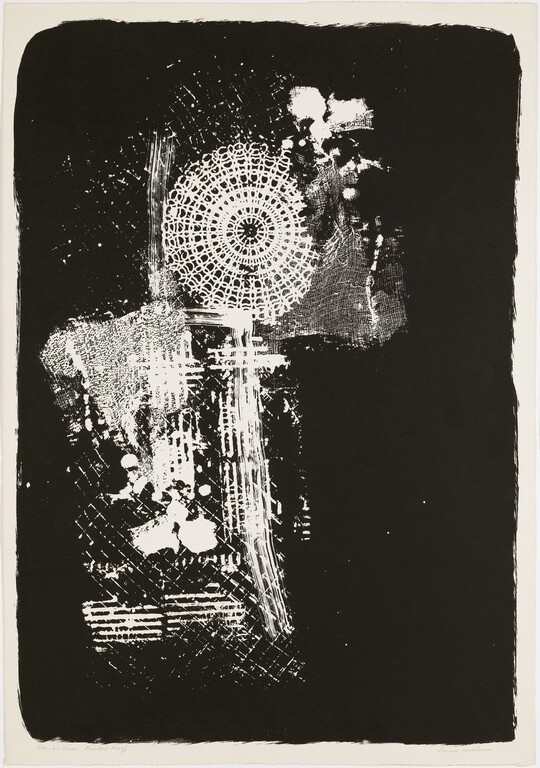 An abstract black-and-white print of a white Ferris wheel shape and other white grids and lines against a black background.