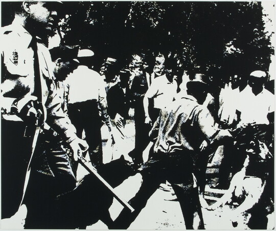 A high-contrast, black-and-white print of White police officers with batons allowing dogs to attack a Black man as other Black men watch.