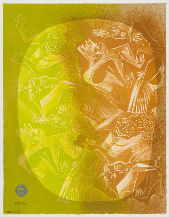 A color print of many nude, abstract women in brown and bright green with a transparent orange and yellow circles superimposed over them.