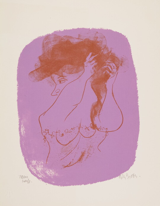A color print of a nude woman from the torso up who is arranging her hair drawn in red on a purple background.