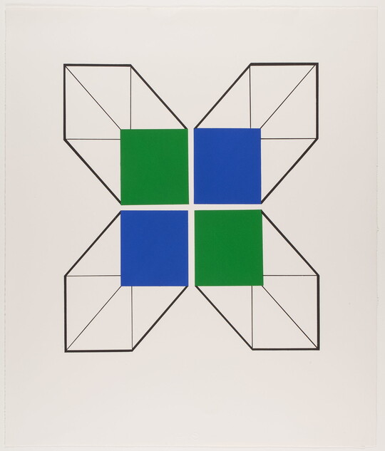 A color print of two green and two blue squares in the center of a white page with the outline of rectangular cubes extending from them.