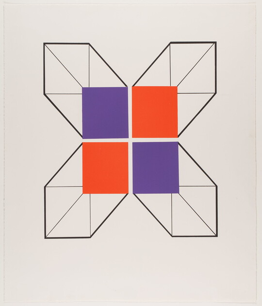 A color print of a geometric X shape with orange and purple squares at center.