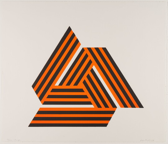 A color print of orange and black striped bands of color that form two triangular designs.