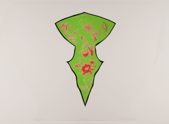 An abstract color print of a bright green symmetrical form, wide at the top and pointed at the bottom, with red splotches and a black outline.