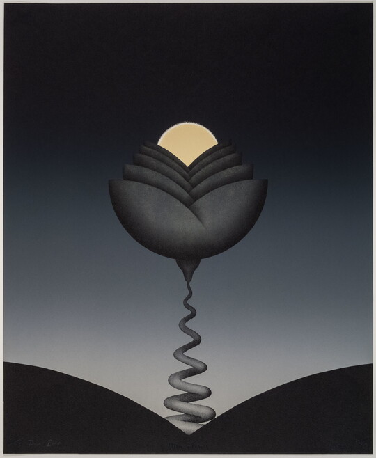 An abstract color print of a large, stylized gray and black flower emerging from between hills, with a creamy moon nestled in its petals.