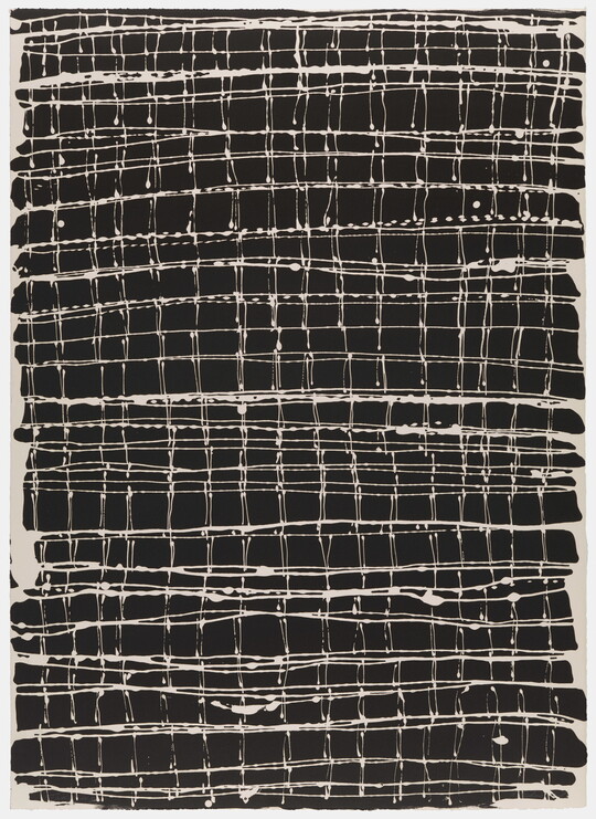 An abstract print of an irregular grid of thin white lines against a black background.