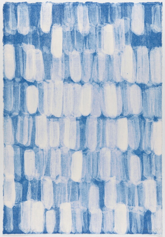 An abstract print of white irregular ovals patterned against a blue background.