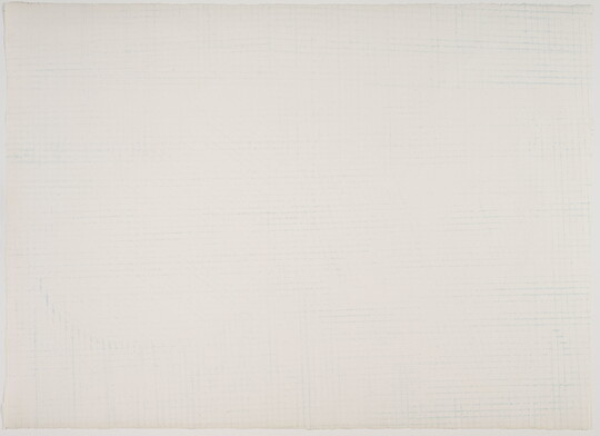 A color print that, at first, looks blank but has very faint blue and green lines cross-hatched across the surface.