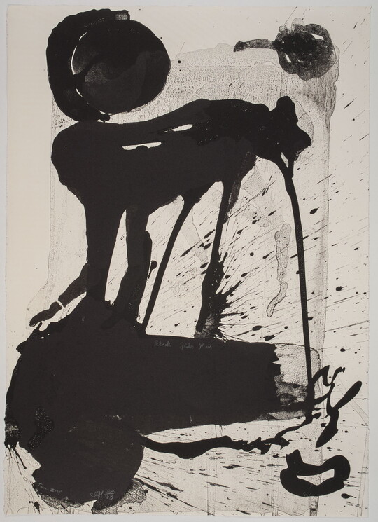 An abstract print of an black organic form with drips and splattered lines.