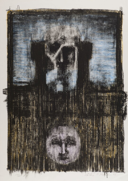 An abstract color print of blocky black and blue shapes above a white moon with a face on a black and yellow striped background.