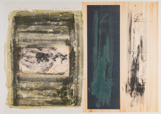 An abstract color print of black and gold overlapping rectangular shapes on the left, and abstracted gestures in blue, green, and orange on the right.