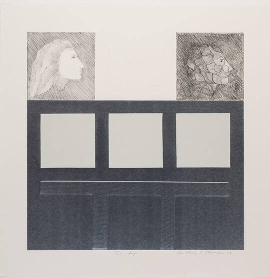 An abstract black-and-white print of two gray squares containing a head in profile above a large, dark rectangle with three gray squares placed horizontally.