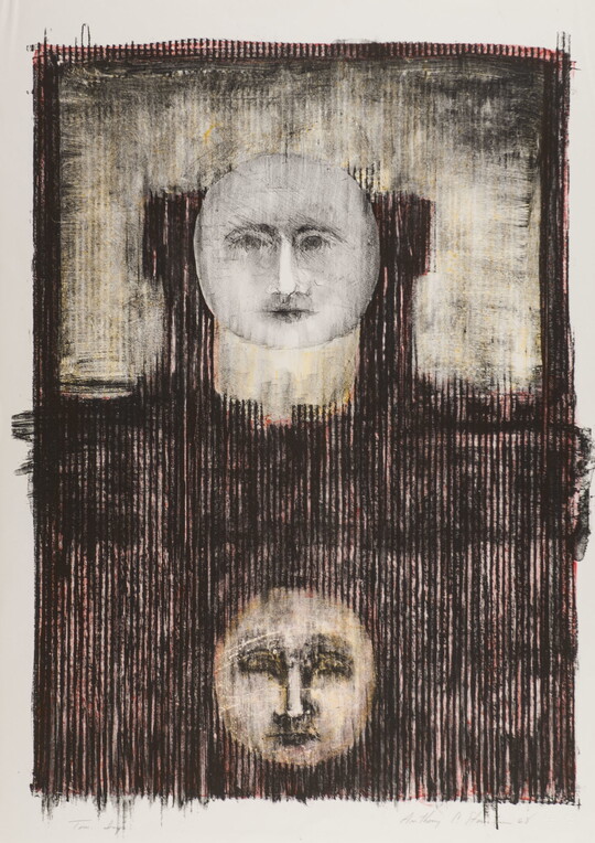 An abstract black-and-white print of two moons with faces, the moon on the top over a light background, and the moon on the bottom over a dark background.