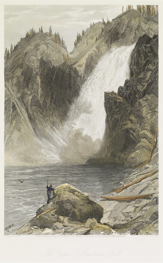 A color print of a figure climbing a rocky landscape along a river with a raging waterfall in the distance.