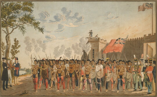 A watercolor of a large group of Indigenous people and smaller groups of White soldiers standing in front of a walled fort.
