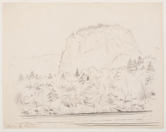 A black-and-white drawing of a rock formation hovering above a riverbank covered with trees.
