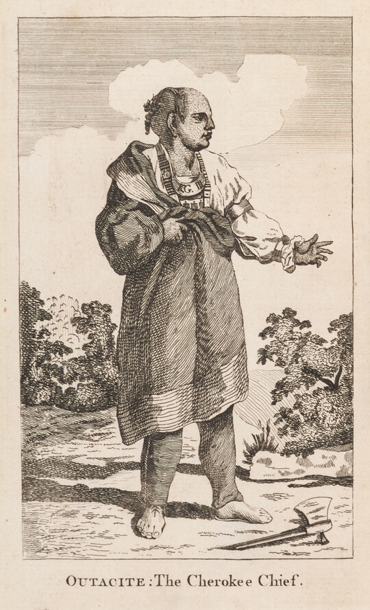 A black-and-white print portrait of an Indigenous man standing with a hatchet laying at his feet.