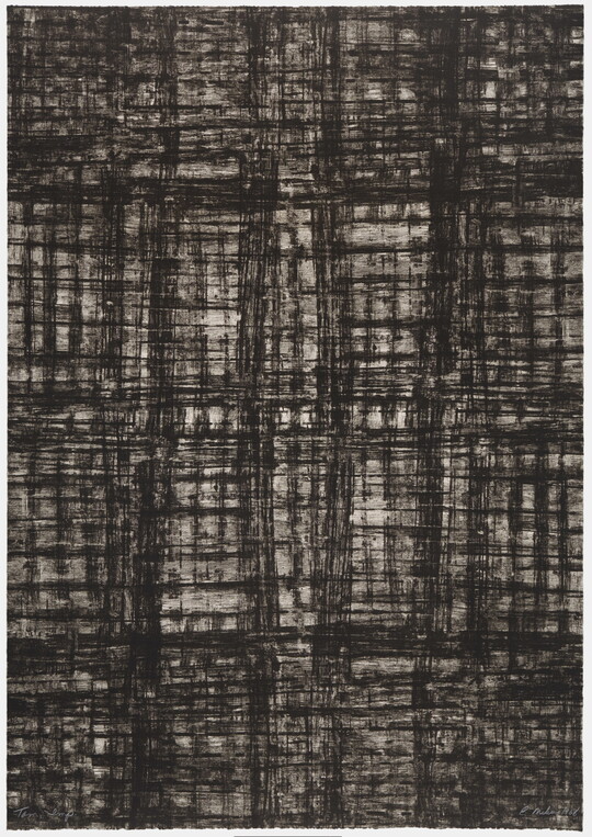 An abstract print of an irregular grid of black hash marks against a white background.
