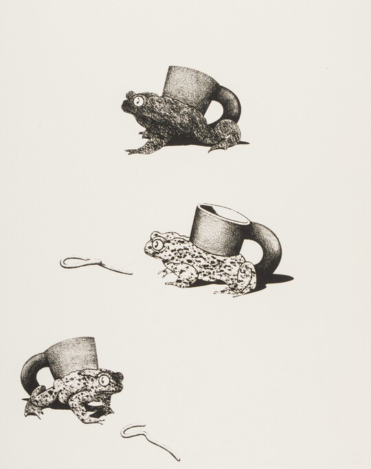 A black-and-white print of three cups with frog bases, and two of the frogs eyeing nearby worms.