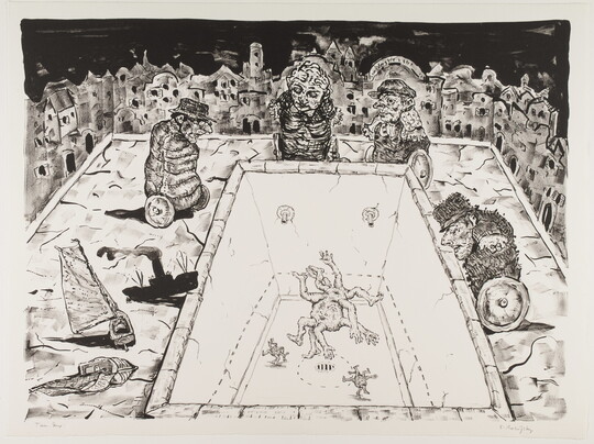 An abstract black-and-white cartoonish scene of several figures staring into an empty swimming pool with a multilegged creature at the bottom.