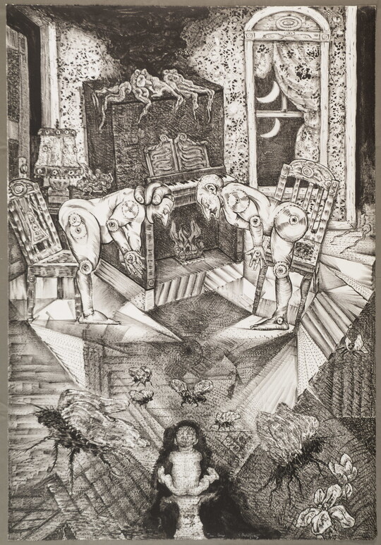 An abstract black-and-white cartoonish interior scene of two robot like figures standing in front of a piano that doubles as a fireplace, insects scattered on the floor, as a baby takes in the scene.