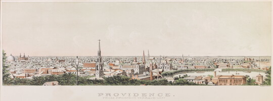 A color print of a settlement of Indigenous people with animals and tipis next to a lake in a mountain valley.