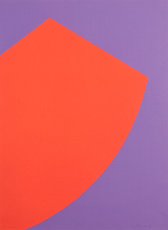 An abstract color print of an orange rectangle-like shape protruding onto a purple field.
