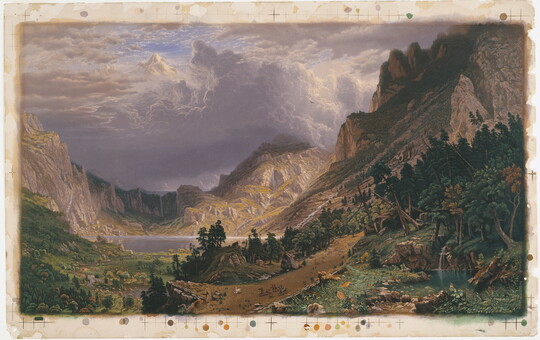 A color print of a storm coming over a treacherous mountain valley filled with large rock formations, lush greenery, and a lake.