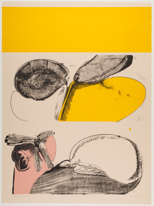 A color print of a yellow rectangle at the top, two almost-round black shapes next to a partial yellow circle in the middle, and several organic black shapes on top of a pink shape at the bottom.