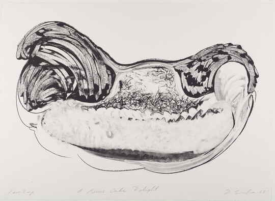 An abstract black-and-white print of a large organic shape: two upper areas filled with broad, dark strokes; a central area with lighter, thinner marks; and the rest filled with smudges.