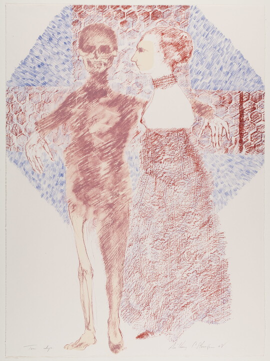 A color print of two lightly-drawn red figures, one with a skull for a head and the other wearing a dress, with a blue polygon in the background.