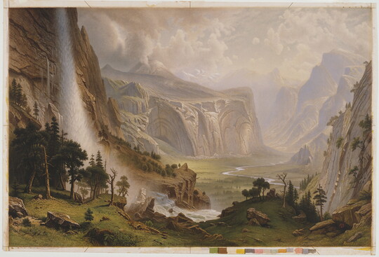 A landscape print of a waterfall cascading down a rocky cliffside and running through a lush, green valley.