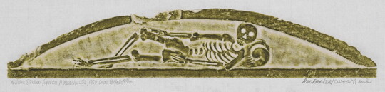 A stone rubbing on paper of a reclining skeleton in a half oval shape.<br />