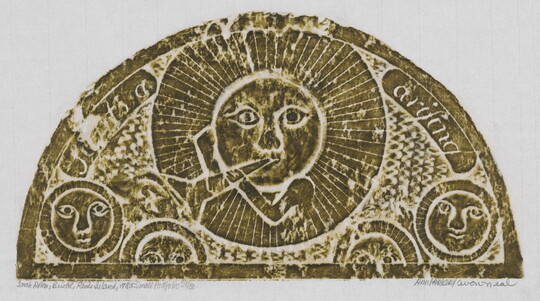 A monochromatic print of a tomb rubbing of a sun with a face surrounded by rays, blowing a horn, four other circular faces below.<br />