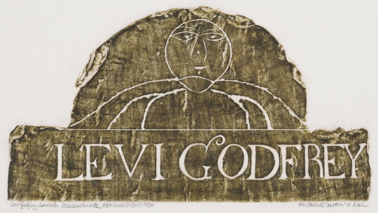 A monochromatic print of a tomb rubbing of a stylized face and torso above text that reads "LEVI GODFREY."<br />