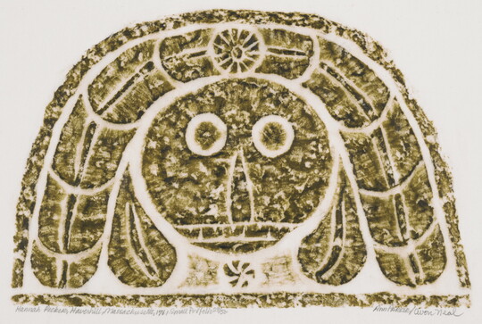 A monochromatic print of a tomb rubbing of a stylized round face under an arc of hair.<br />
