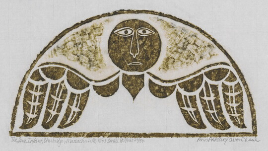 A monochromatic print of a tomb rubbing of a stylized round face with wings extending from the neck.<br />