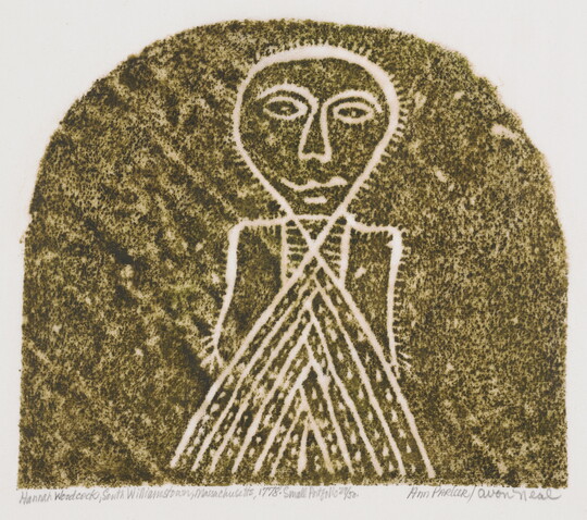 A monochromatic print of a tomb rubbing of a stylized figure with an upside-down teardrop head, a triangle dress, and stick arms.<br />