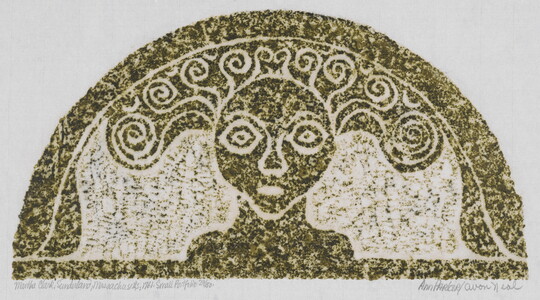 A monochromatic print of a tomb rubbing of a stylized face with swirls emerging from their head, all within a semi-circle.<br />