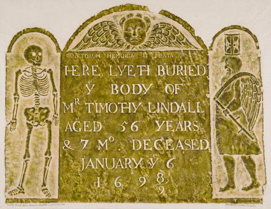 A print of a stone rubbing of a tombstone that includes text, images of a skeleton, and a winged man with an hourglass on his head.<br />