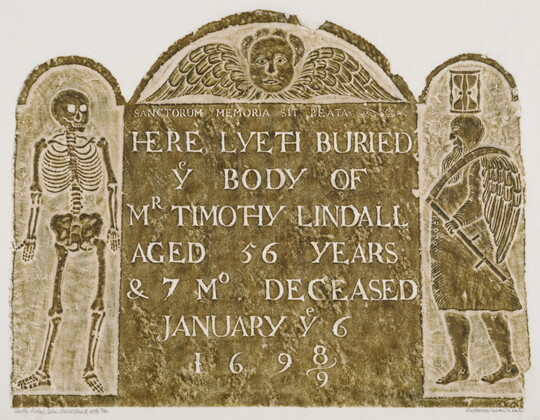 A print of a stone rubbing of a tombstone that includes text, images of a skeleton, and a winged man with an hourglass on his head.<br />