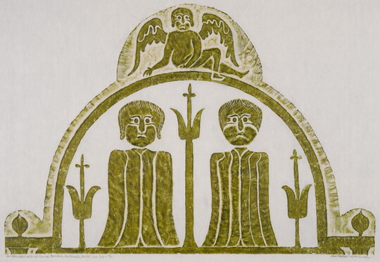 A monochromatic print of a tomb rubbing of two stylized figures enclosed in a semi-circle and an angel perched on top.<br />