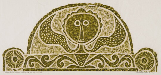 A monochromatic print of a tomb rubbing of a stylized face that almost looks as it if were emerging like a flower from a plant.