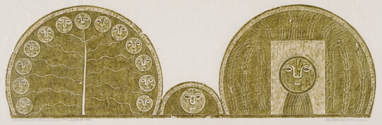 A monochromatic print of a tomb rubbing of (L-R) a semi-circle containing 13 circular faces around the perimeter; a smaller semi-circle with one face; a larger semi-circle with a face and a body.