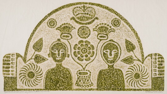 A monochromatic print of a tomb rubbing of two stylized figures surrounded by floral forms within a semi-circle.