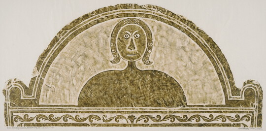 A monochromatic print of a tomb rubbing of a stylized figure with an enlarged chest and shoulders within a semi-circle.