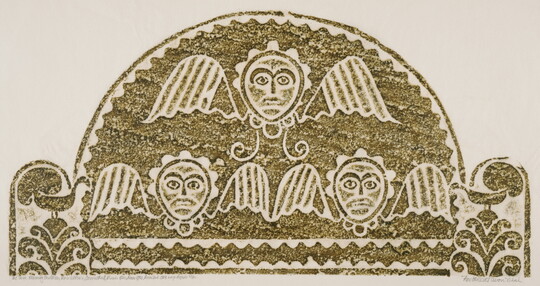 A monochromatic print of a tomb rubbing of three stylized faces with wings protruding from their sides within a semi-circle.