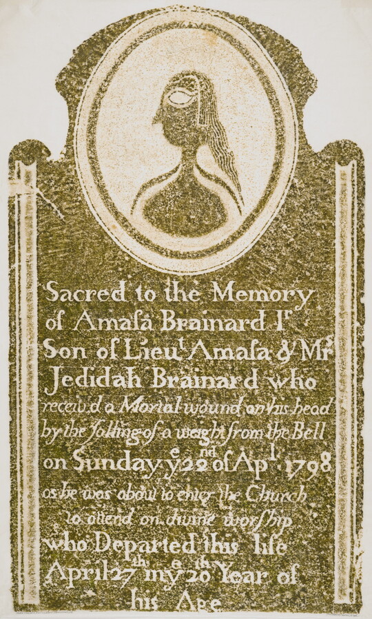A color print of a tomb rubbing in olive green showing an inscription beneath an image of a stylized figure in profile with long hair.